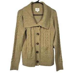 St John's Bay Women's Tan Cable Knit Shawl Collar Cardigan Sweater Sz L Cozycore